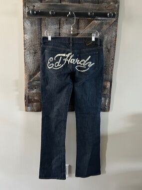 Women's Ed Hardy Super Low Rise Dark Wash Blue Jeans